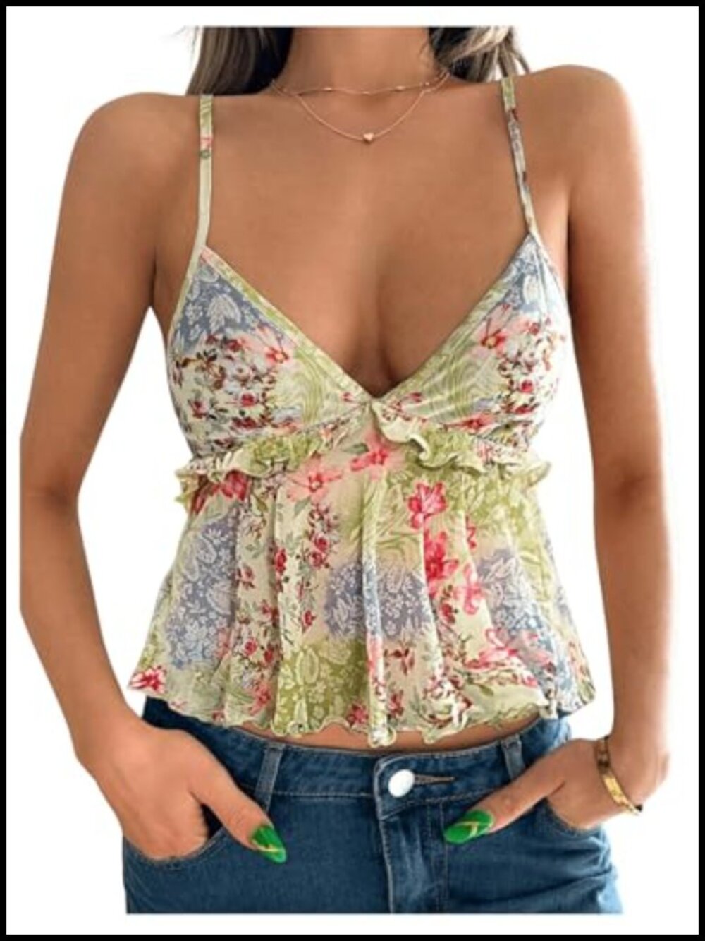 Y2K Floral Baby Doll Camisole Ruffle Going Out Top Sleeveless